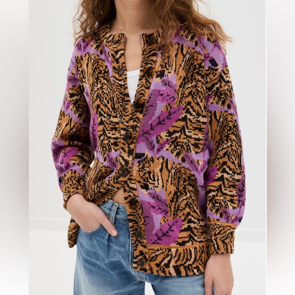 Farm Rio Lavender Tiger Leaves Knit Cardigan - XS New - fits up to Medium